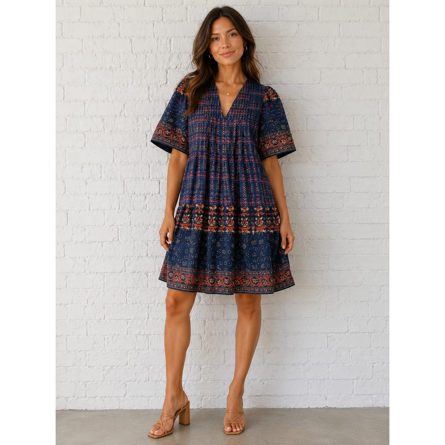 Hunter Bell Youjin Dress Essex Block Border Navy Blue Size L Short Sleeve Pocket