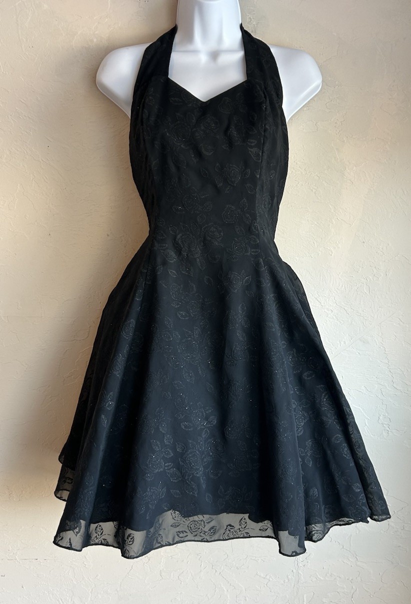 Vintage Masquerade Black Halter Floral Party Dress 7 S Goth Prom Glitter Tulle