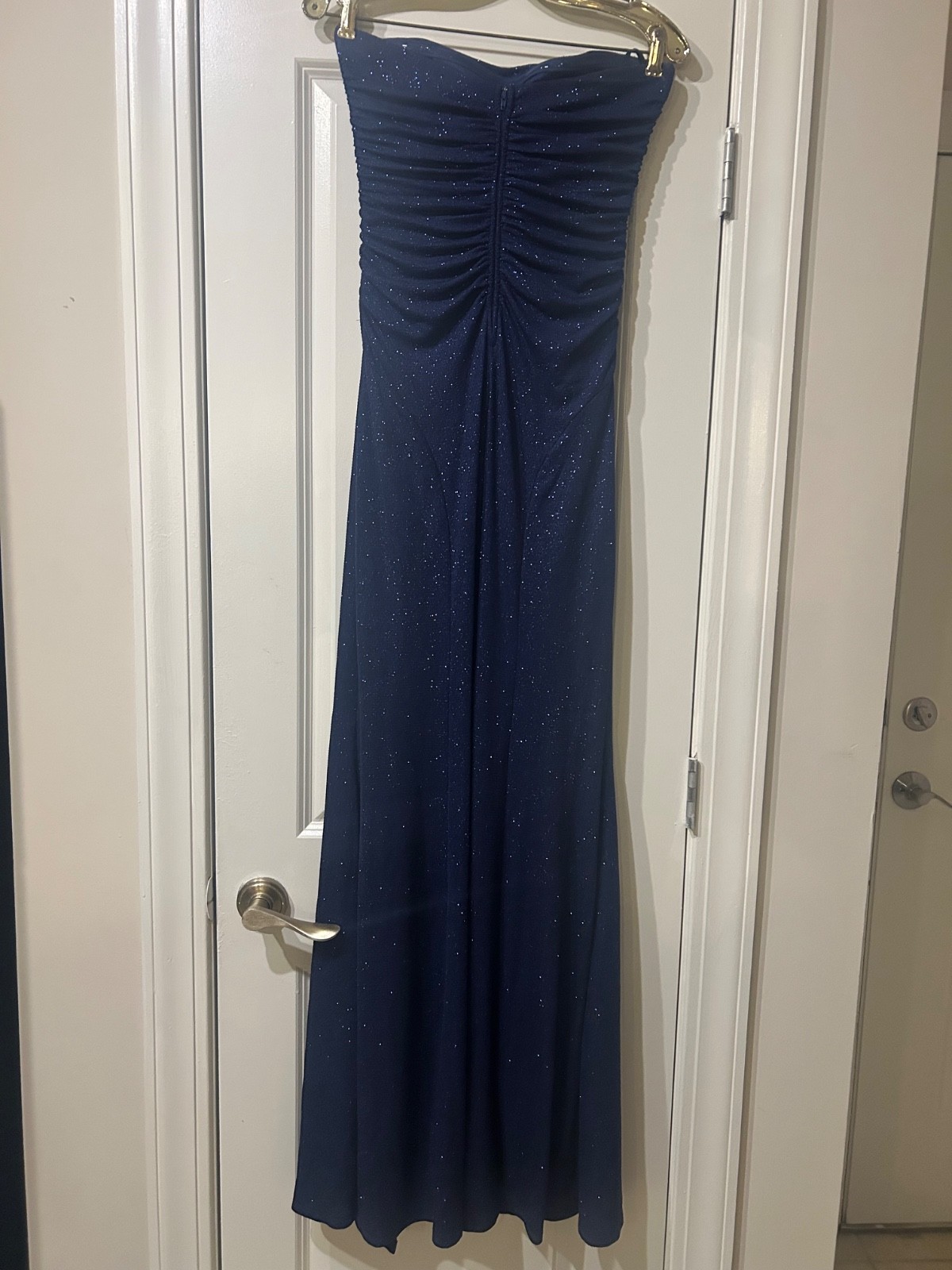 Windsor Strapless Navy Blue Glitter Prom Dress Size L Formal Gown Side Slit