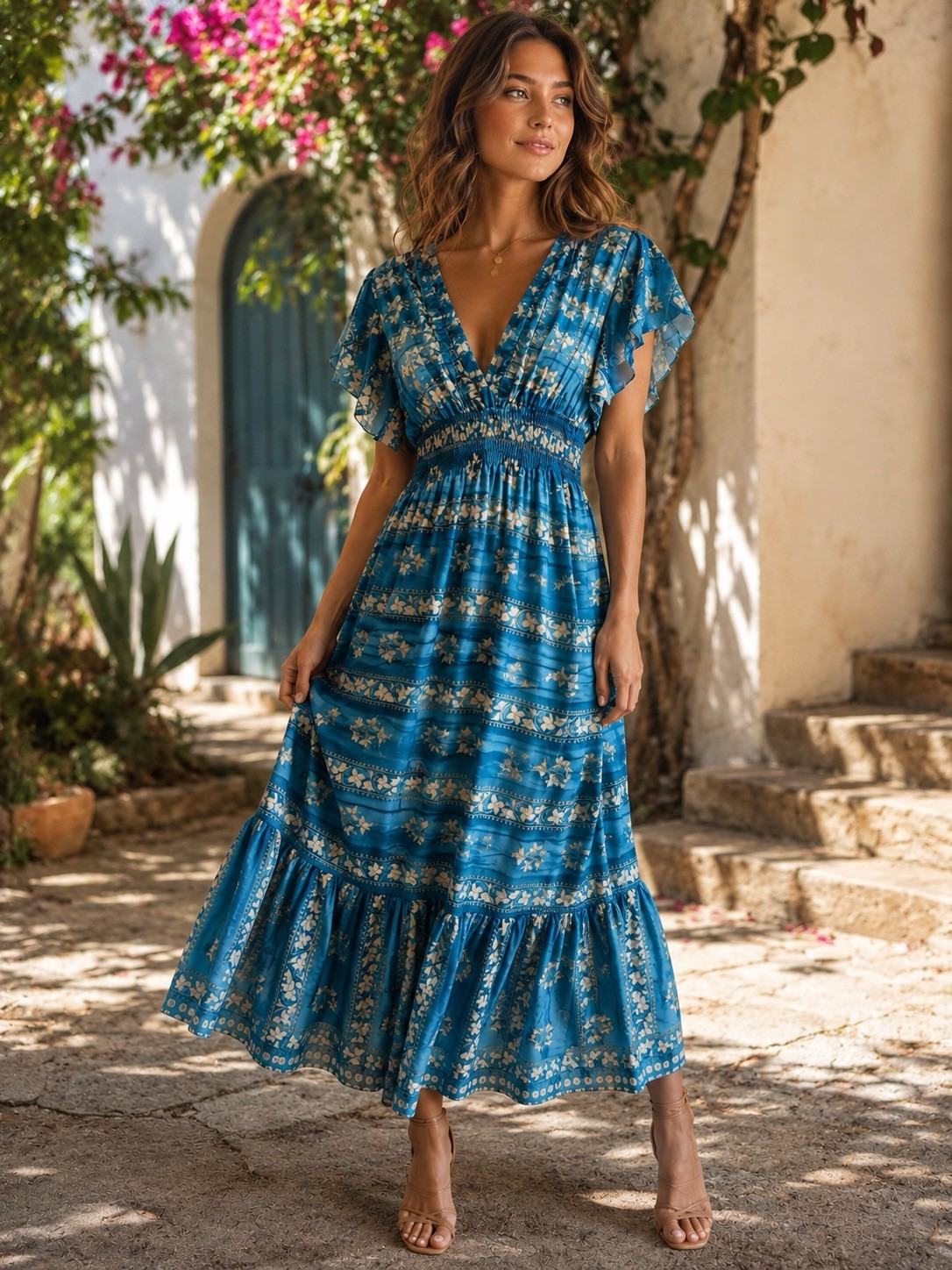 NWT Floral Maxi Dress Blue Gold , FITS MOST ( XS, S, M, L And XL Wedding Guest
