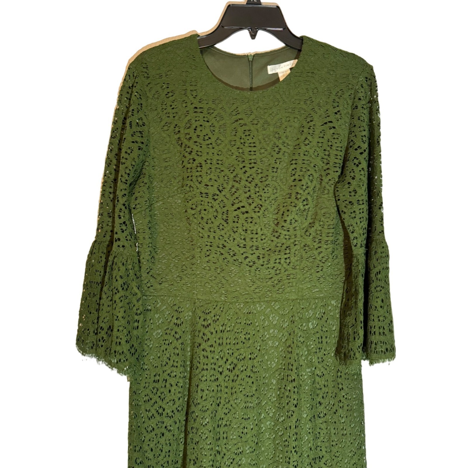 London Times Size 10 Green Lace Bell Sleeve Dress Cotton & Nylon Blend