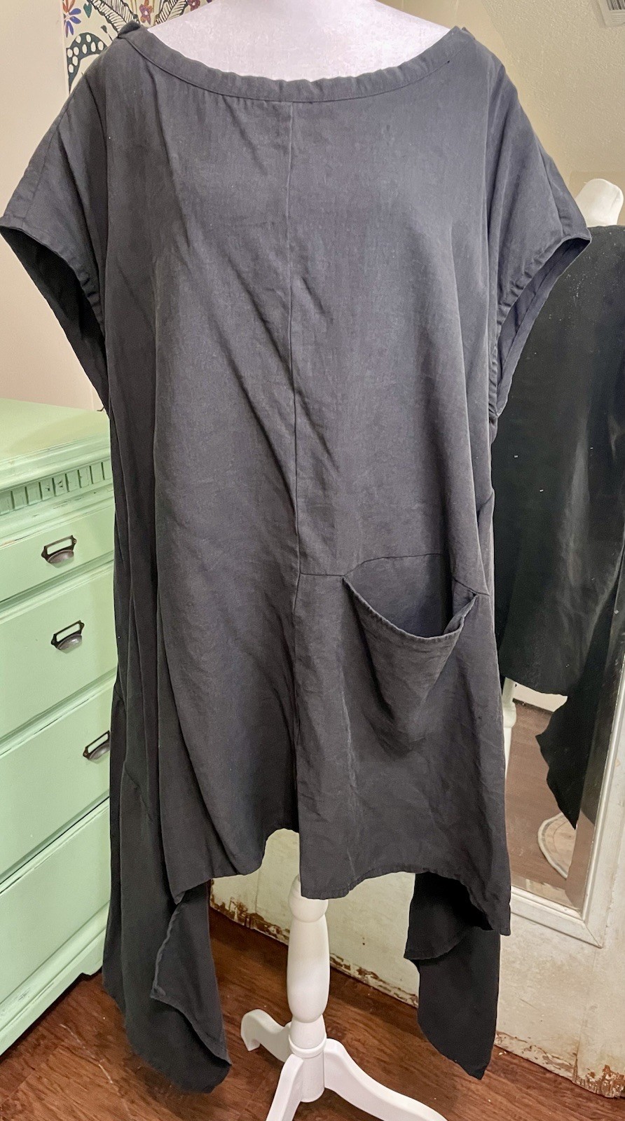 Kedem Sasson Black LAGENLOOK DRESS TUNIC OS Asymmetrical Short Sleeve Pocket EUC
