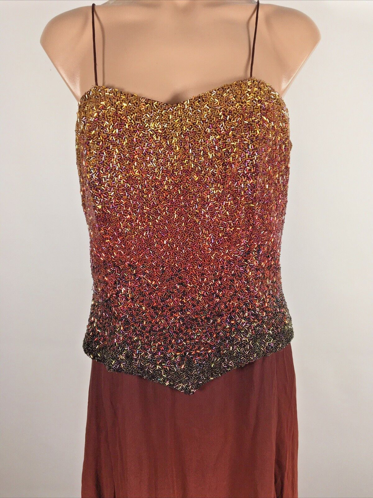 Vintage Red Pink Gold Ombre Silk Beaded Formal Evening Dress Sz 12 Chiffon Cami