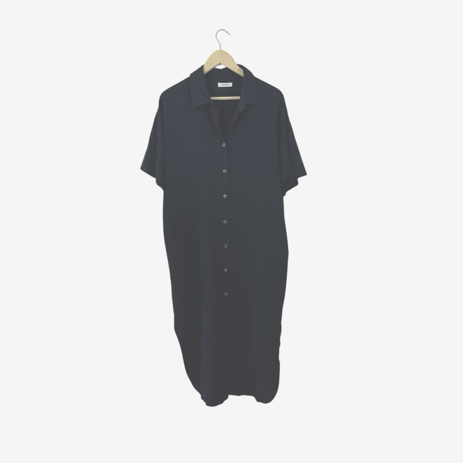 Mod Ref NEW Large Button Up Dress Midi Linen Blend Black Short Sleeve Womens