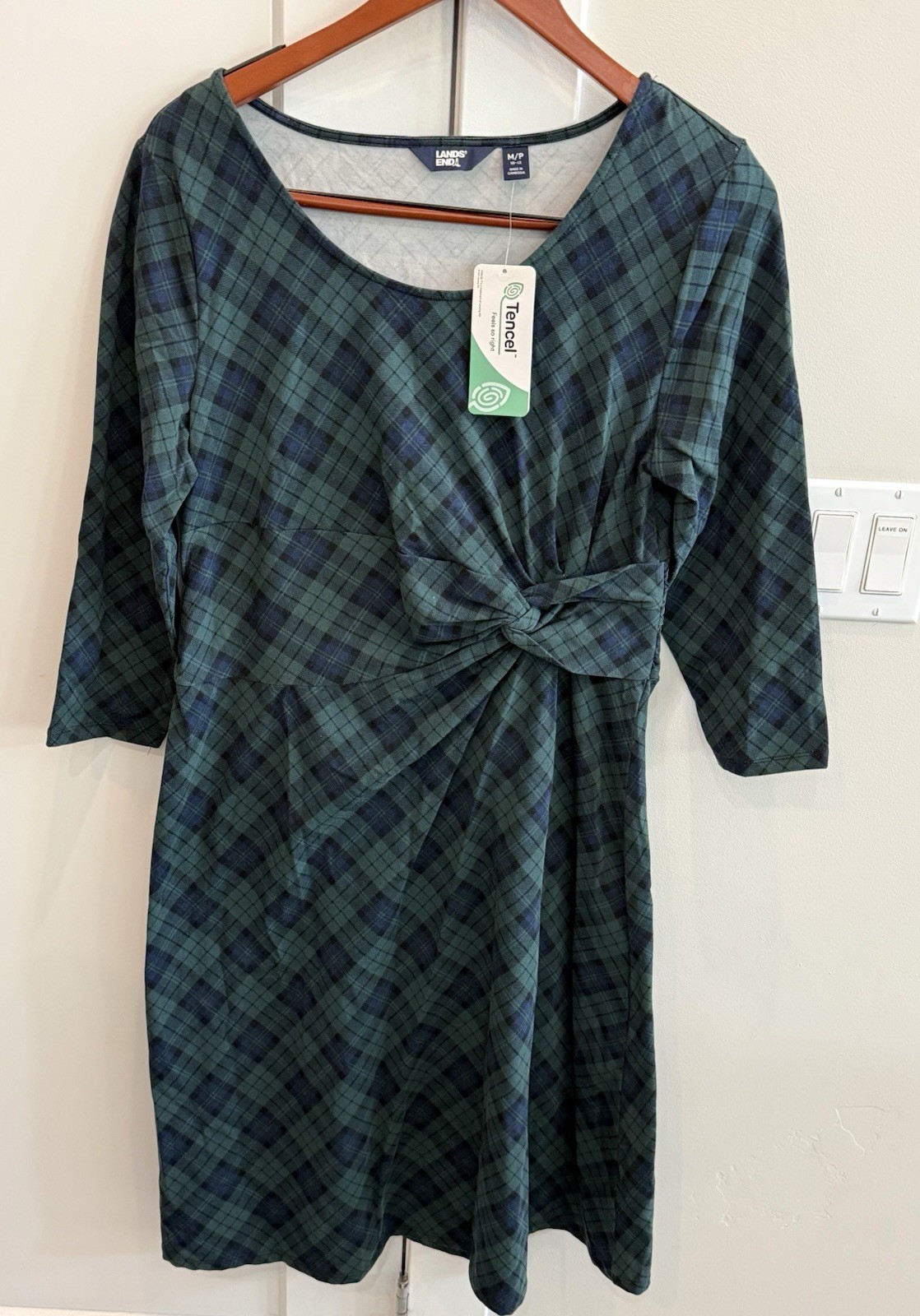 Lands’ End Navy Green Plaid Dress Knot Waist Womens 10/12 Comfort Stretch NEW