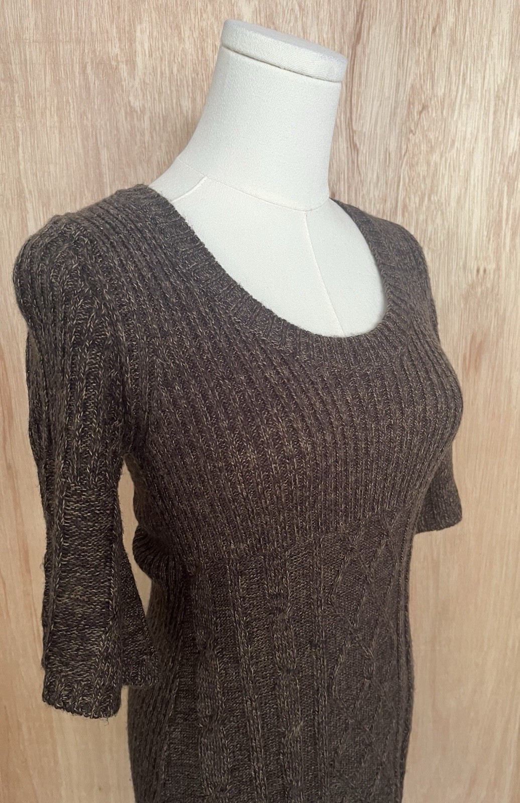 Pink Republic Brown Knit Sweater Bodycon Dress Bell Sleeve Rib Cable Size S Y2K
