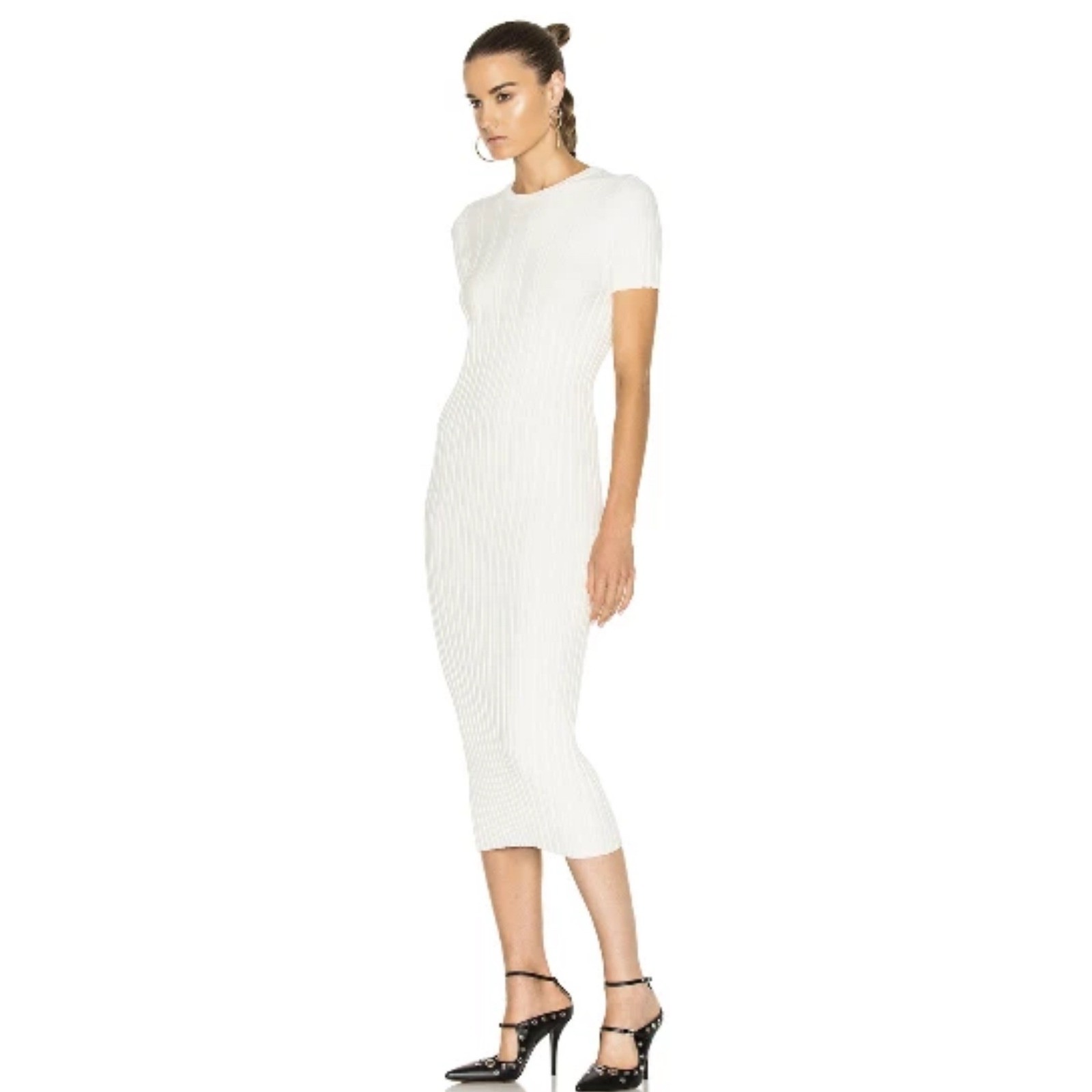 Helmut Lang White Ribbed Knit Keyhole Bodycon Midi Dress Baddie Minimalist XS