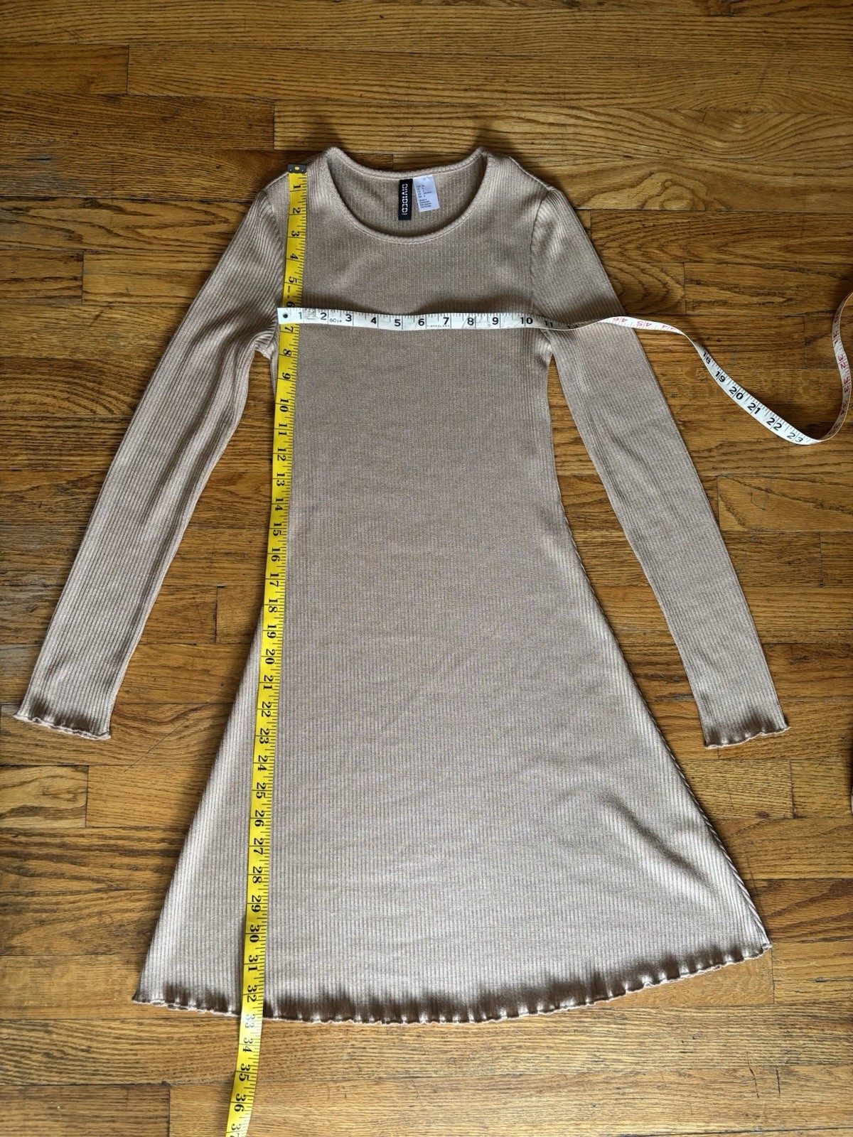 H&M Beige Ribbed Knit Ruffle Round Neck Bodycon Mini Dress Long Sleeve 6 / S