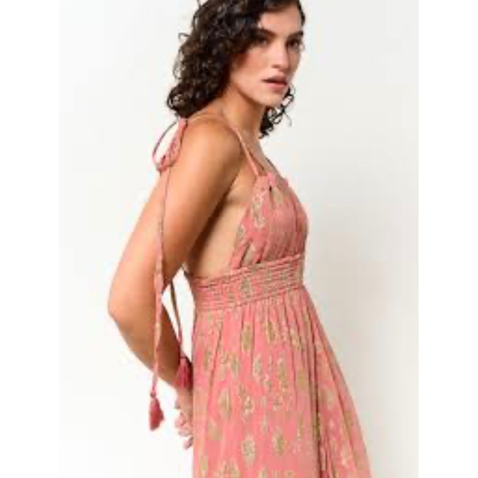 Altar’d State Pink Gold Metallic Maxi Dress Smocked Waist Tassel Straps Small