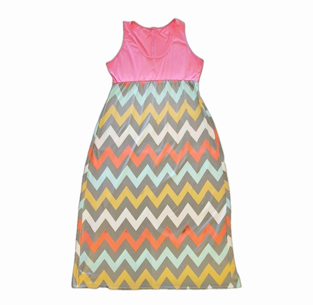 3XL Pink Multicolor Chevron Knit Maxi Dress Sleeveless Scoop Neck Stretch