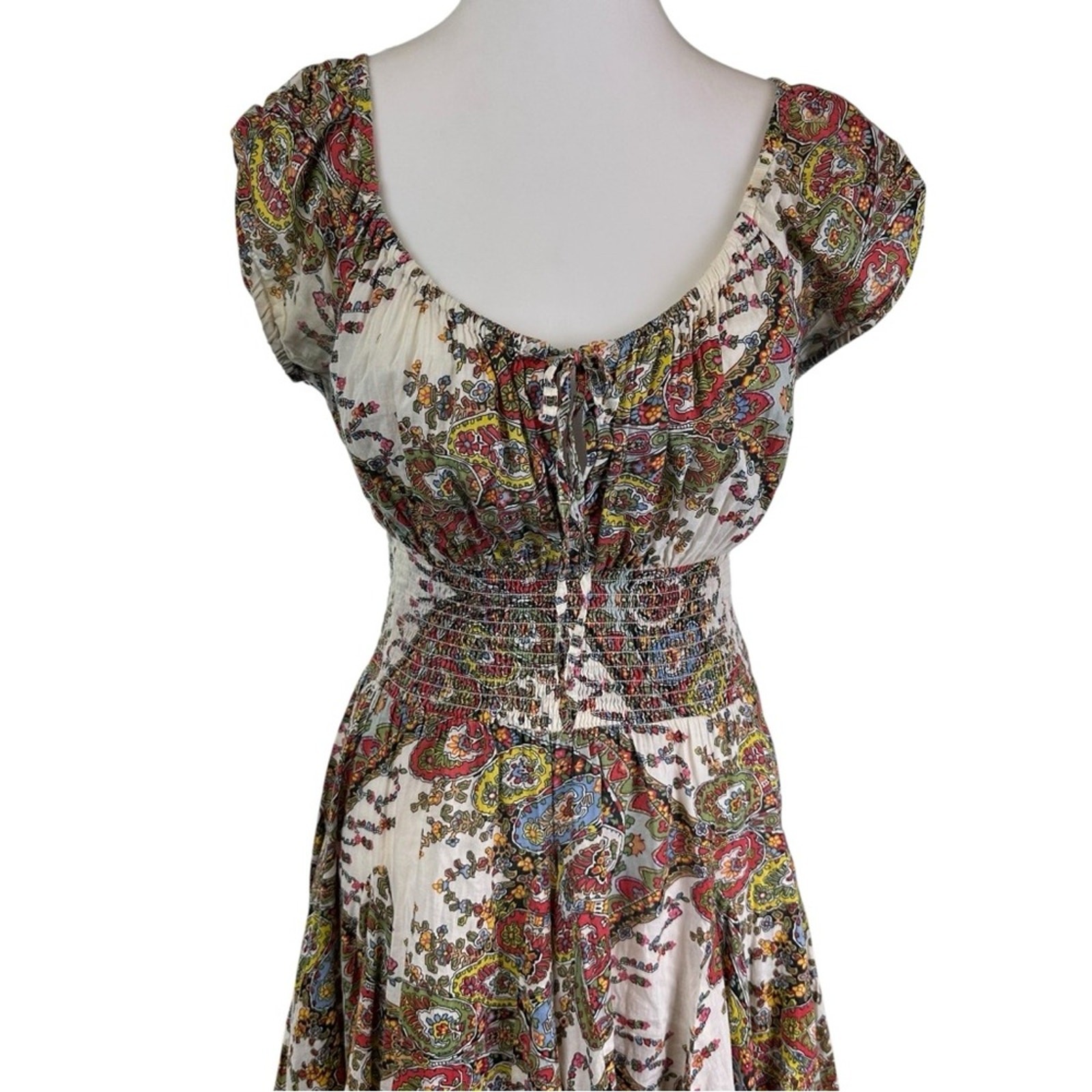 Grace Paisley Cotton Bohemian Peasant Dress Smocked Waist Size Medium