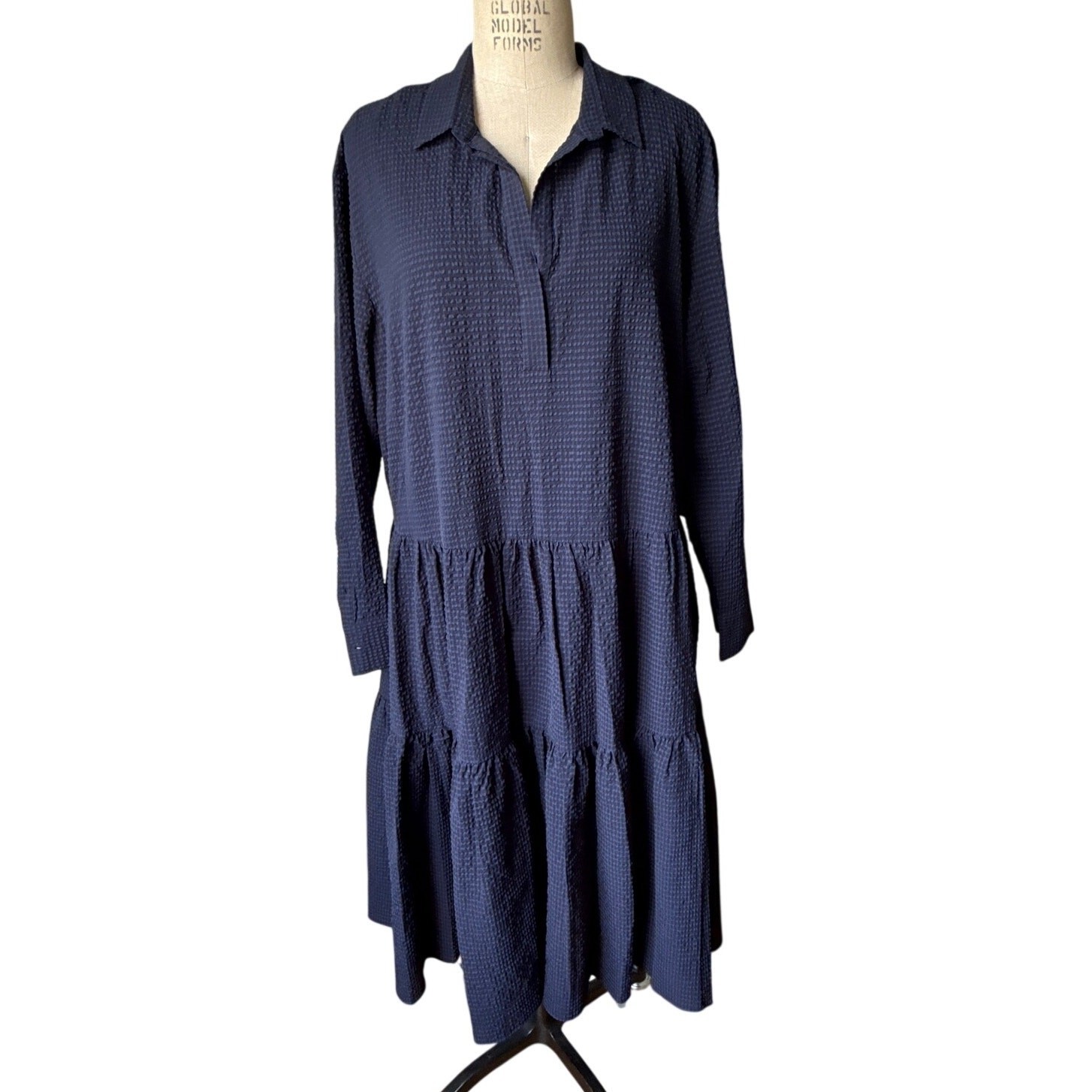 Nordstrom Seersucker Drop Waist Dress in Dark Blue Navy Size Large NWT NEW