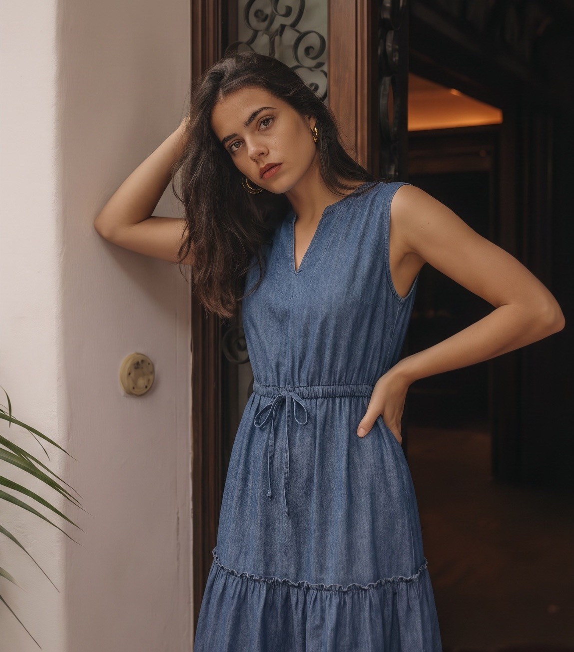 Lands’ End Denim Sundress Women’s Size Medium Chambray Lyocell Tiered Midi Dress