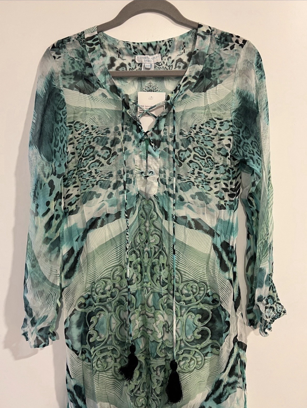 Elizabeth Hurley Beach Animal Print Silk Chiffon Tassel Kaftan Maxi S/M