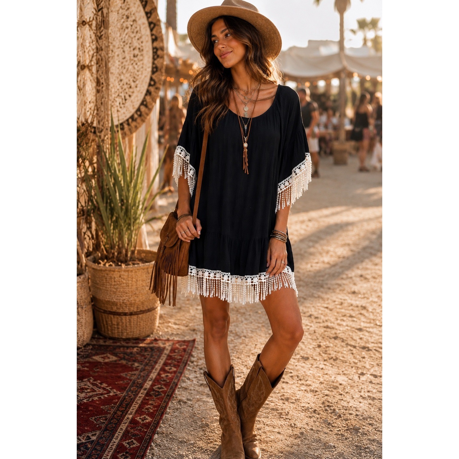 Boho Black Shift Dress Crochet Fringe Bell Sleeve Black Size Medium Festival