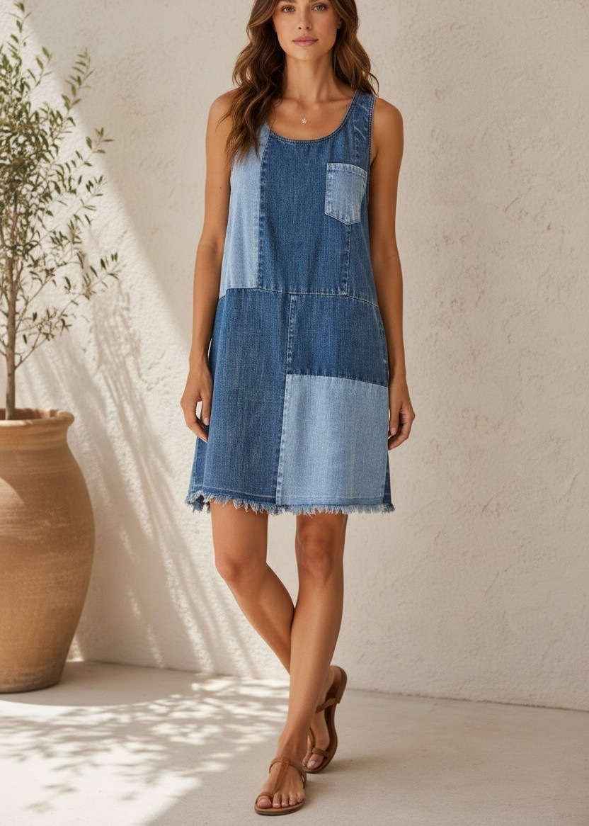 True Craft Patchwork Denim Dress Two-Tone Raw Hem Sz L
