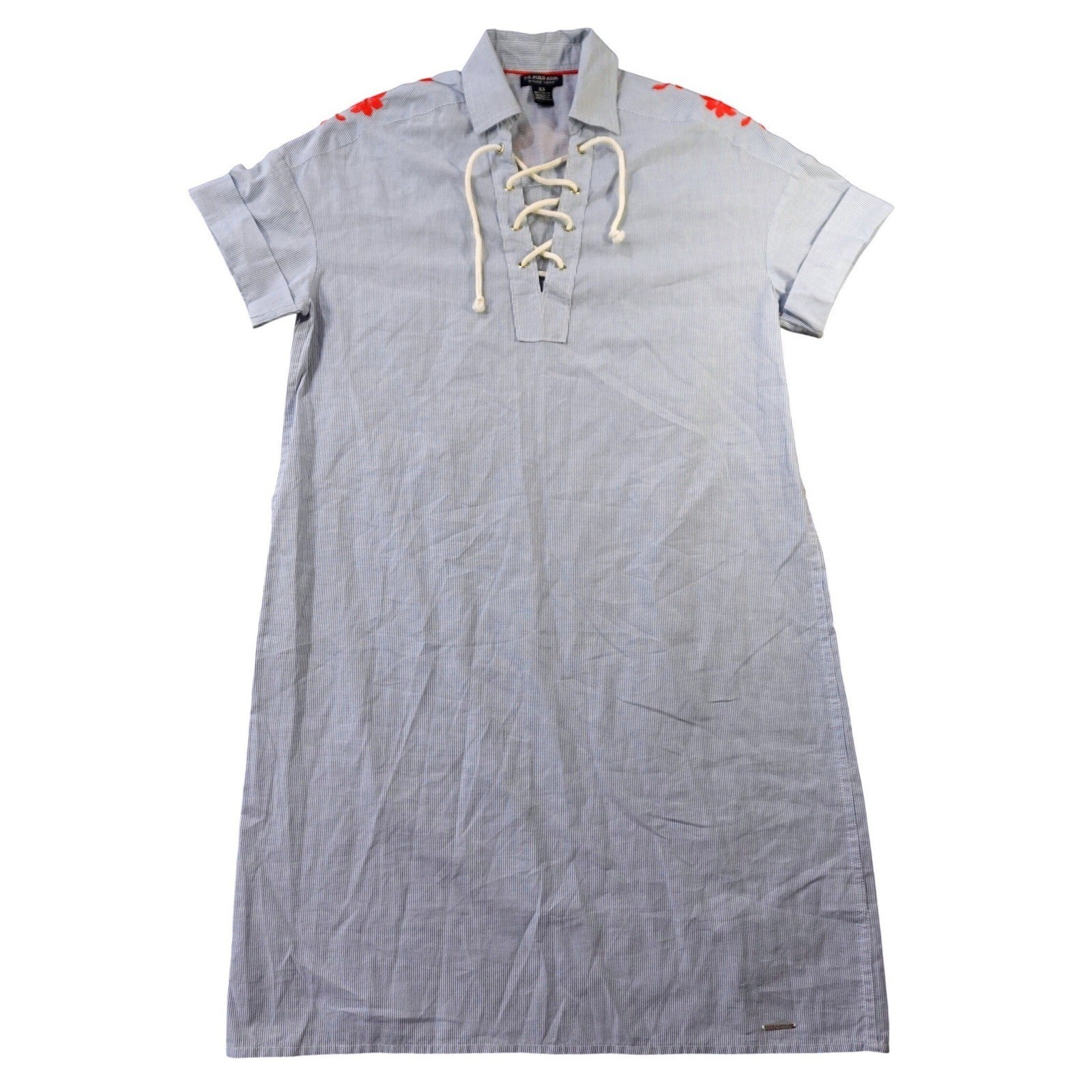 U.S. Polo Assn Embroidered Stripe Shirt Dress Lace Up Blue Cotton XS Red Floral