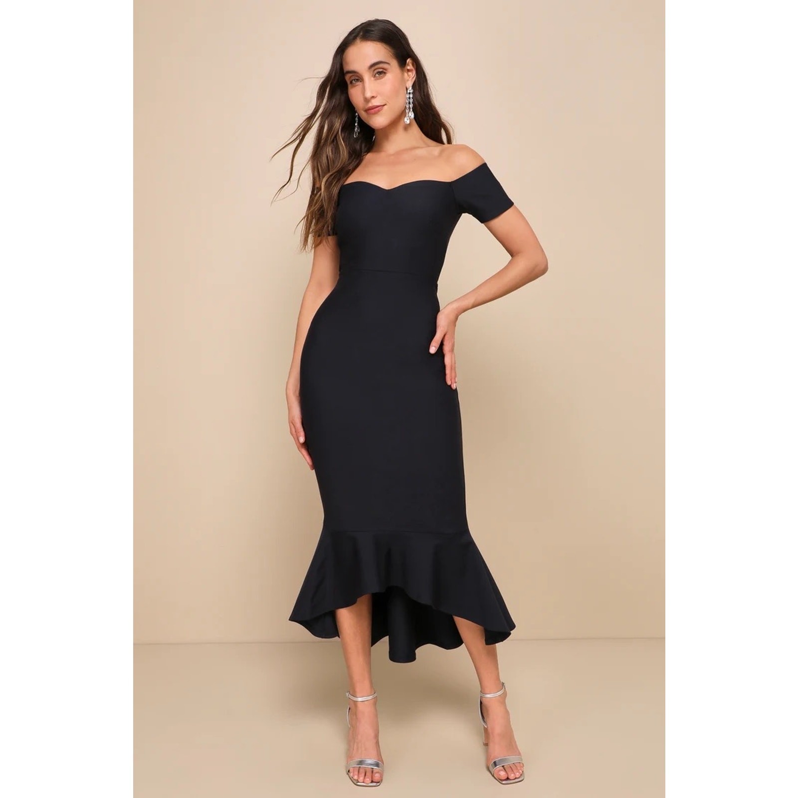 Lulus How Much I Care Black Off Shoulder Midi Dress Prom Party Holiday Medium