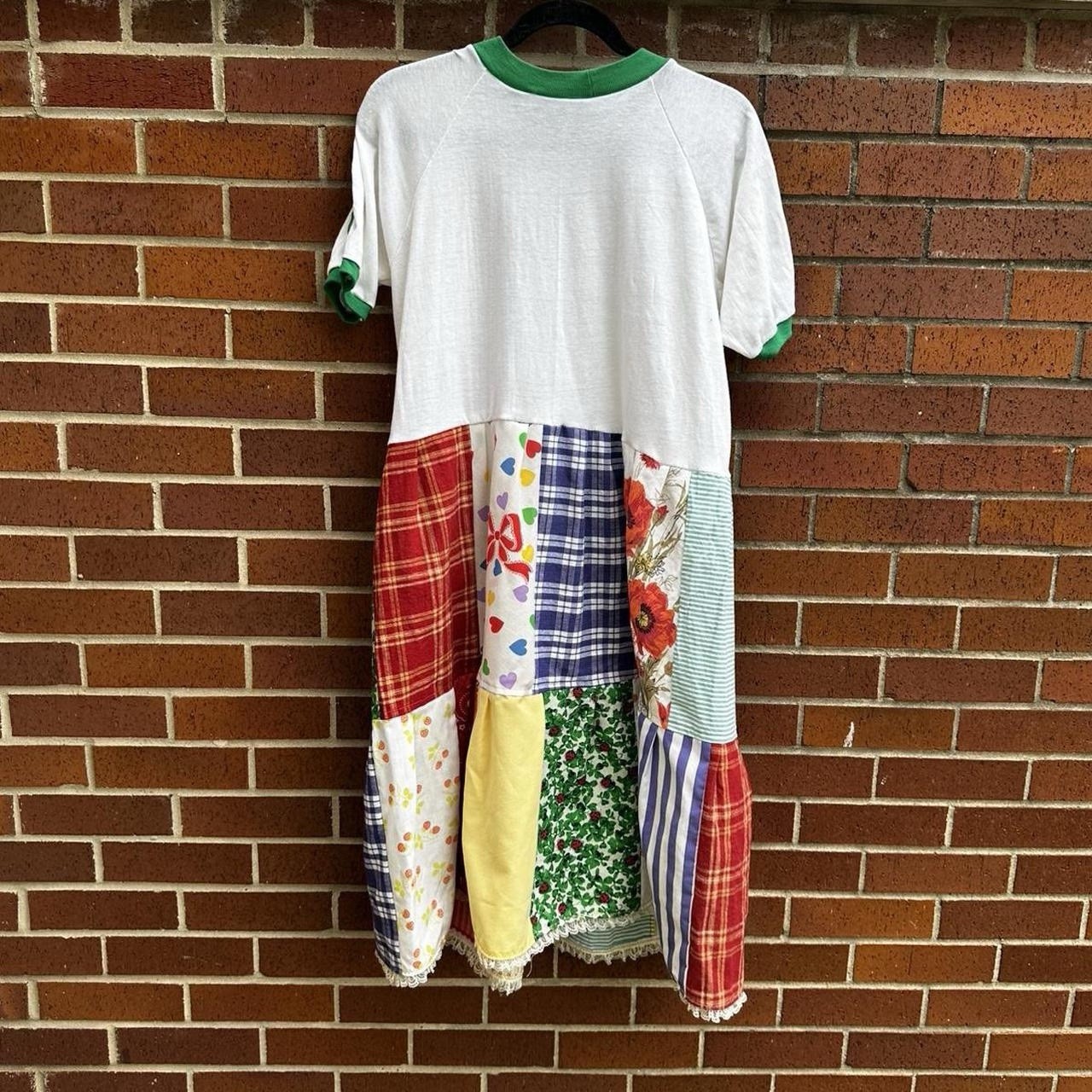 Handmade Reworked Upcycled Vtg Ringer Rolling Rock Tee Patchwork Dress Women M/L