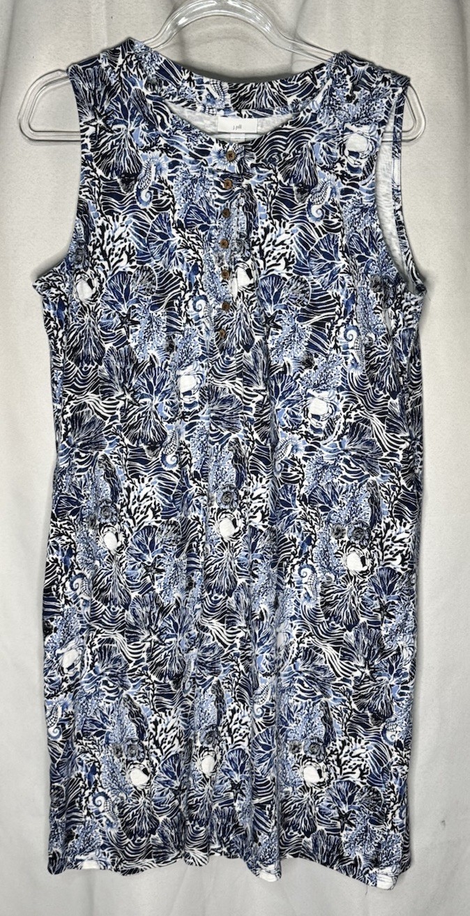 J.Jill Womens Sleeveless Sea Life Print Dress SZ Large Cotton Modal Blend Blue