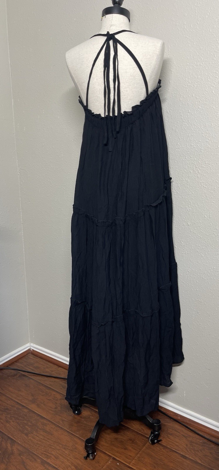 &merci Black Crinkle Gauze Tiered Maxi Dress convertible shoulder straps S