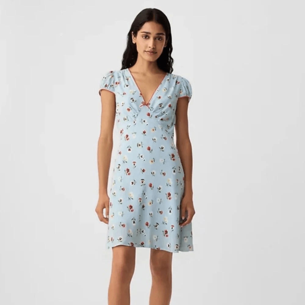 Gap x DOEN Blue Dublin Floral Mini Dress Short Sleeve Fit Flare Boho 16 NWOT