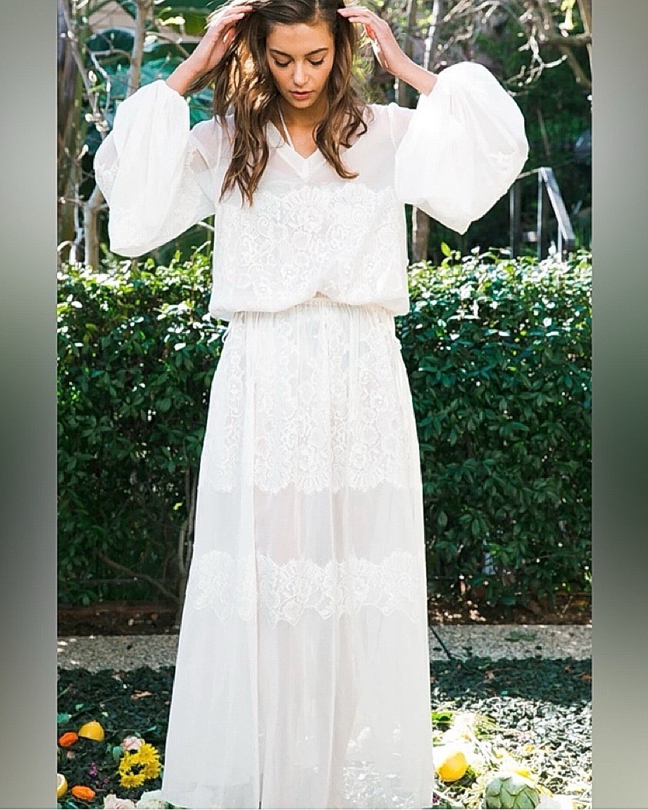 HAH Royal HAHness Eggshell Sheer Lace Maxi Dress XS/S Balloon Sleeve Pockets