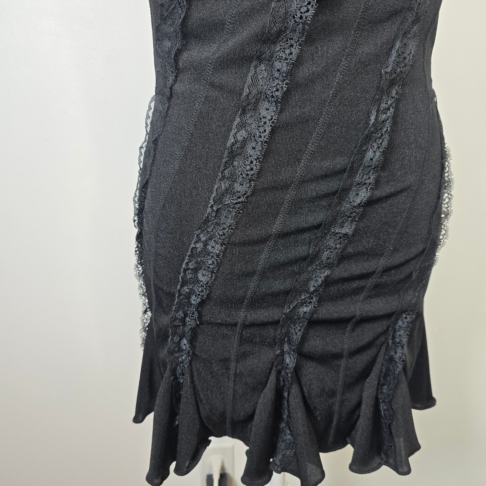 SHEIN Black Halter Mini Dress Lace Trim Ruffle Hem Cowl Neck Goth Y2K Size 6 M