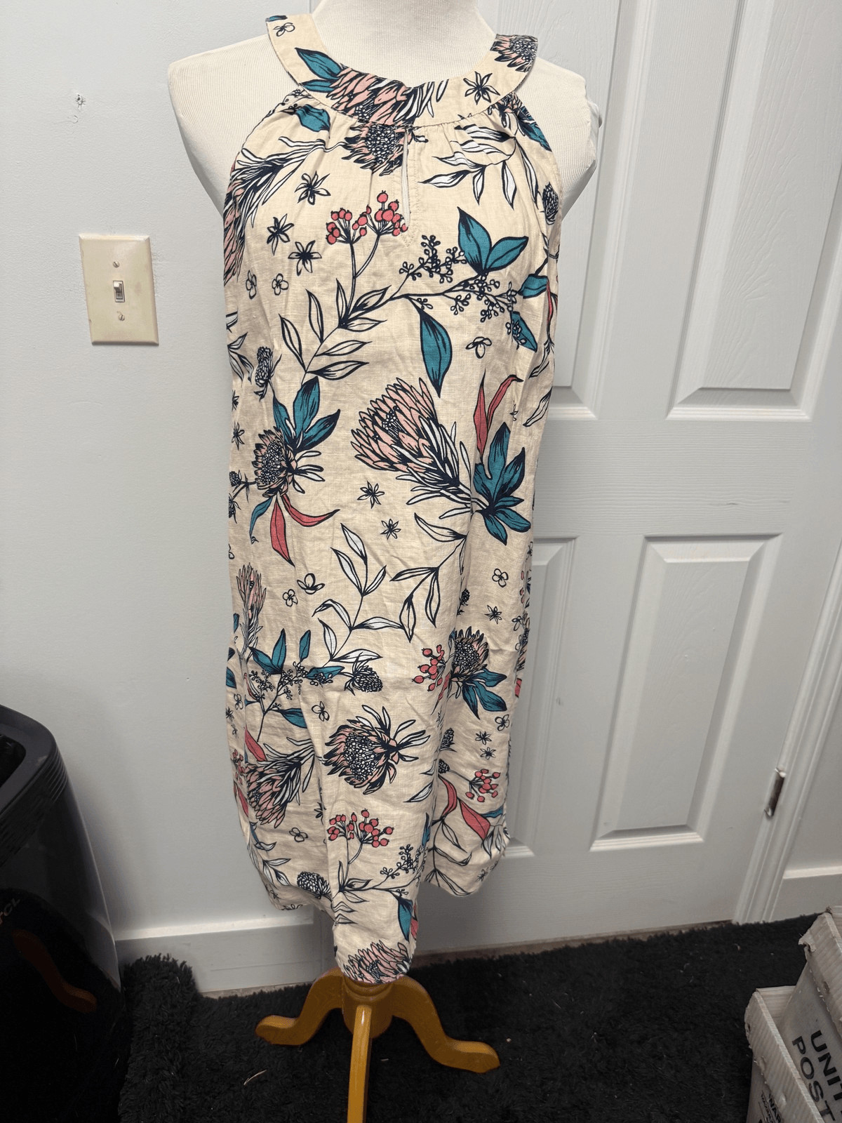 Rachel Ashwell Dress Womens Large Beige Floral 100% Linen Sleeveless Midi Boho