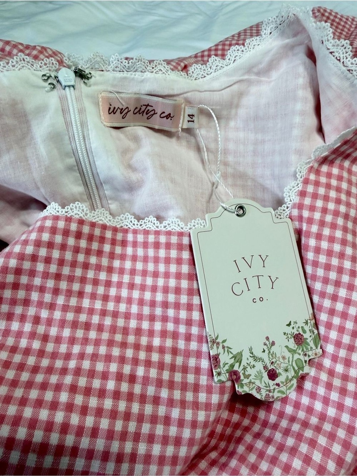 NWT Ivy City Co Hannah Pink Gingham Dress Size 14 Cottagecore Puff Sleeve modest