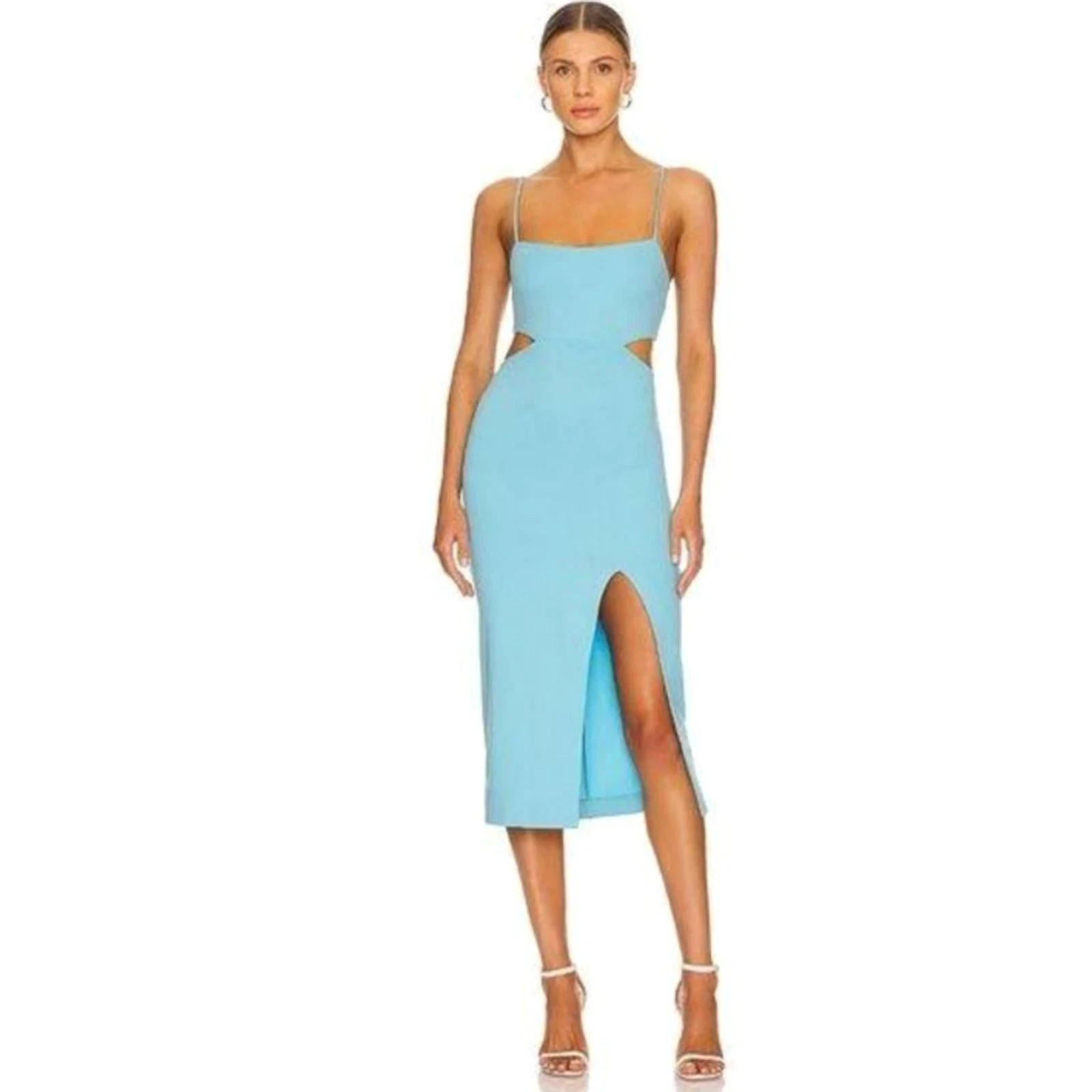 H:ours Womens Light Blue Adjustable Strap Cut Out Leg Slit Hayden Sheath Dress M