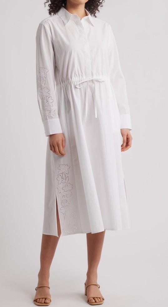 Caslon Womens Eyelet Detail Long Sleeve White Midi Shirt Dress, Size Small