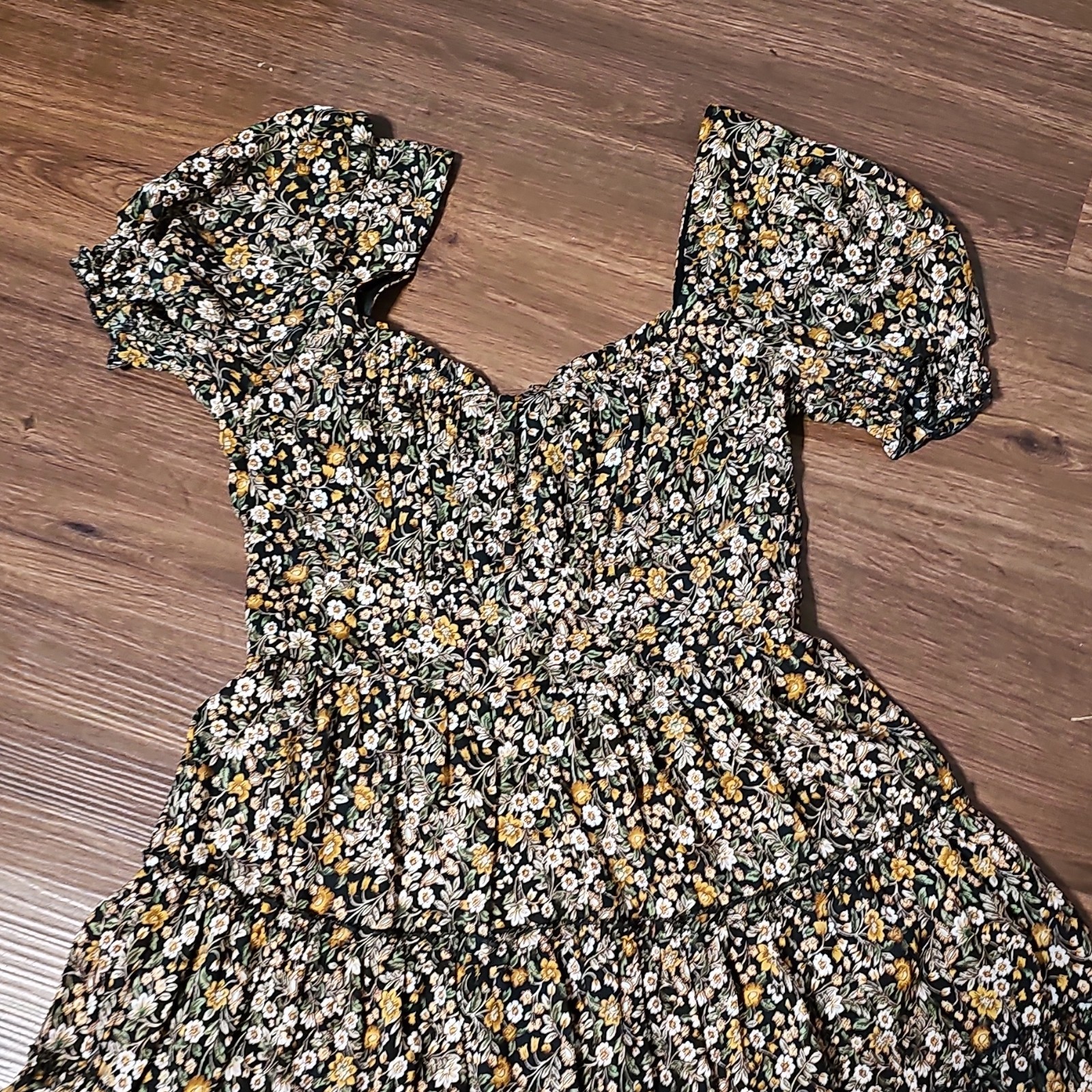 mi ami Black Floral Woven Polyester Mini A-Line Dress Square Neck, Women’s S