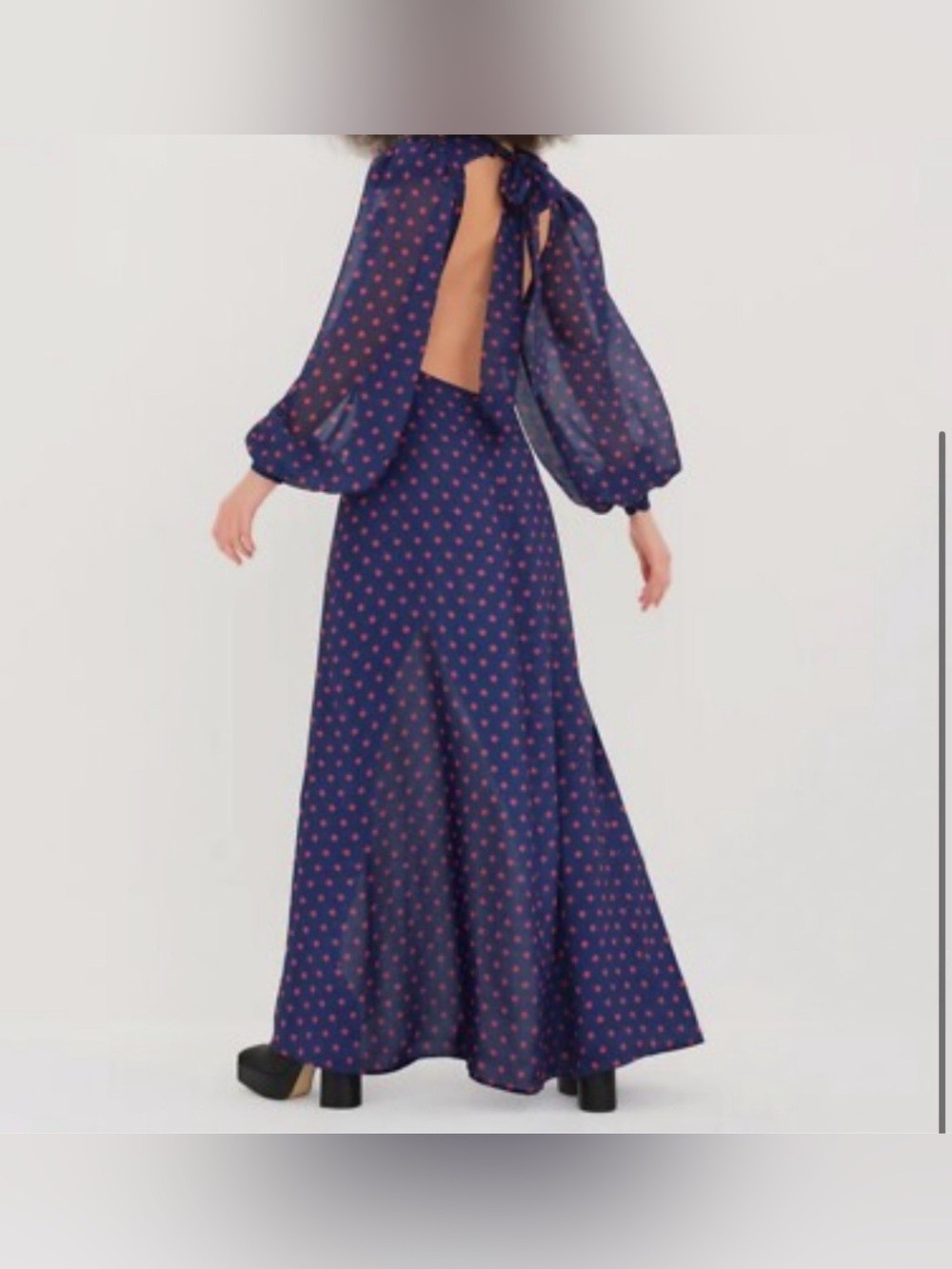 For Love & Lemons Navy Red Polka Dot Maxi Dress Puff Sleeve Side Slit M