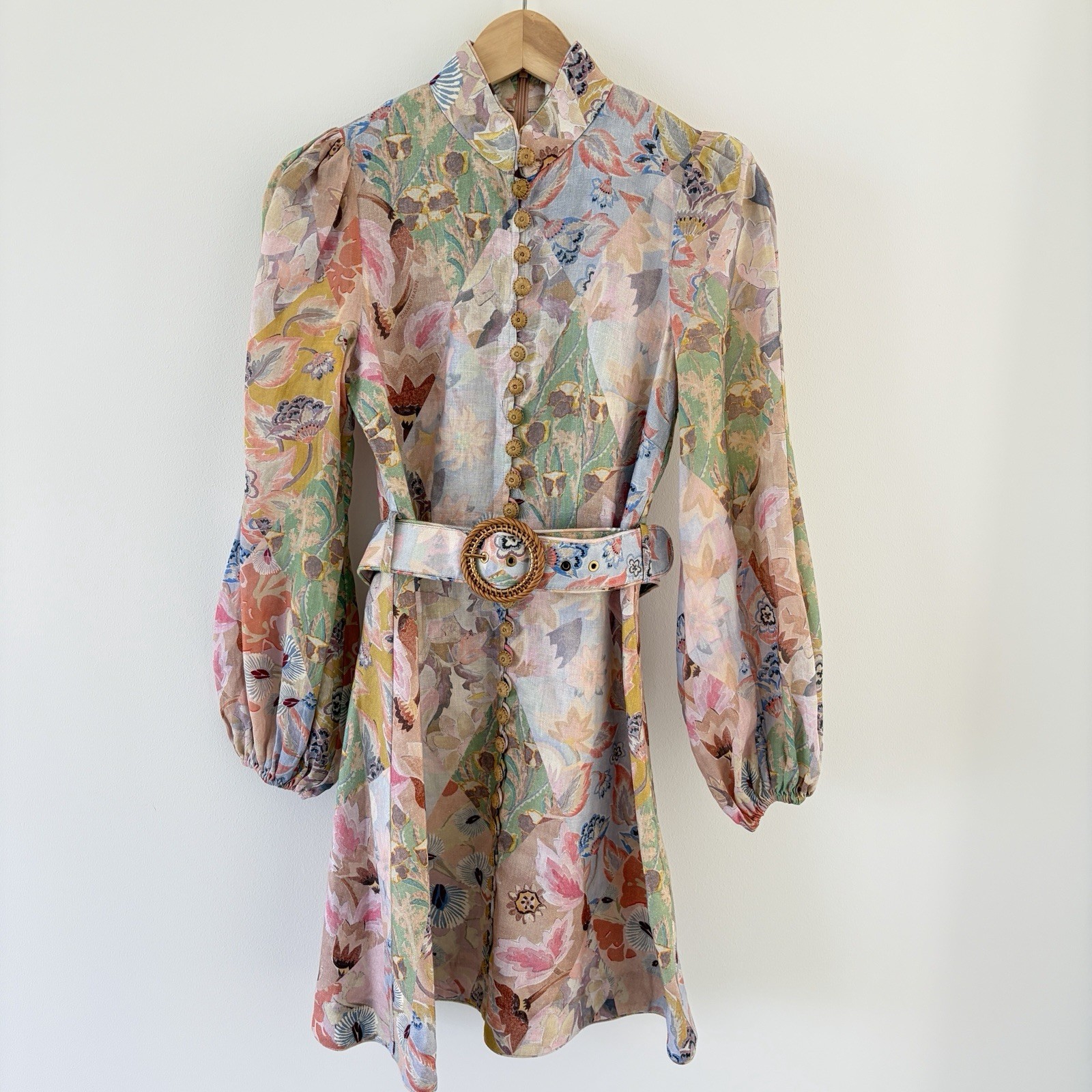 Zimmermann Illustration Mini Dress Size 0 / AU 8 / US 4 Belted Floral Linen EUC