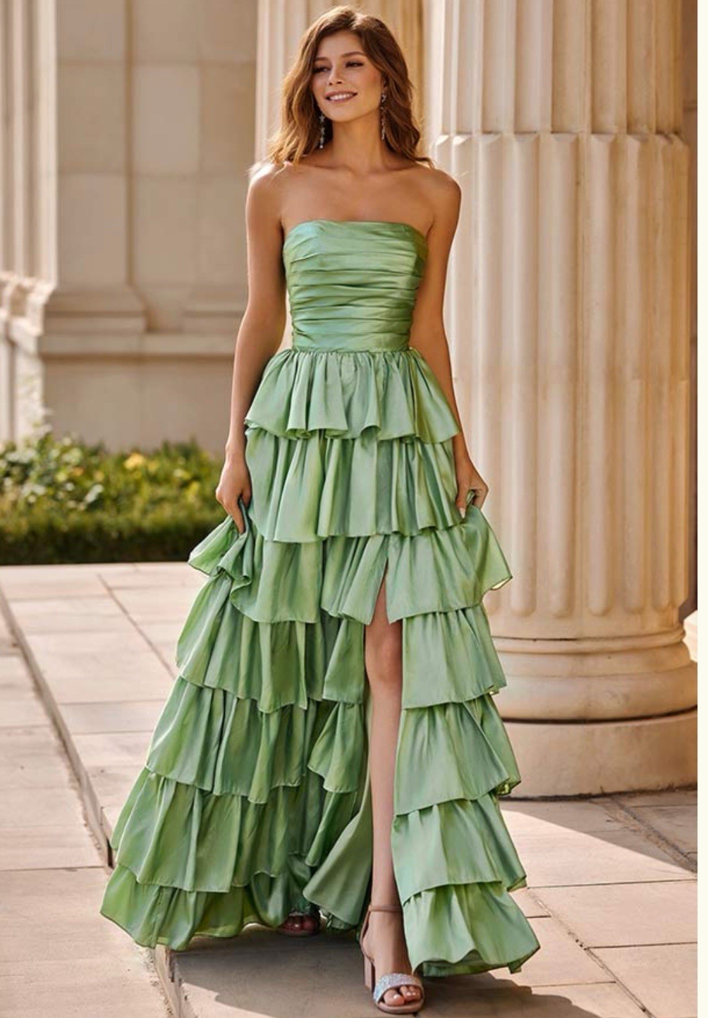 A-line Square Neckline Strapless Floor-Length Dress with Ruffles Slit