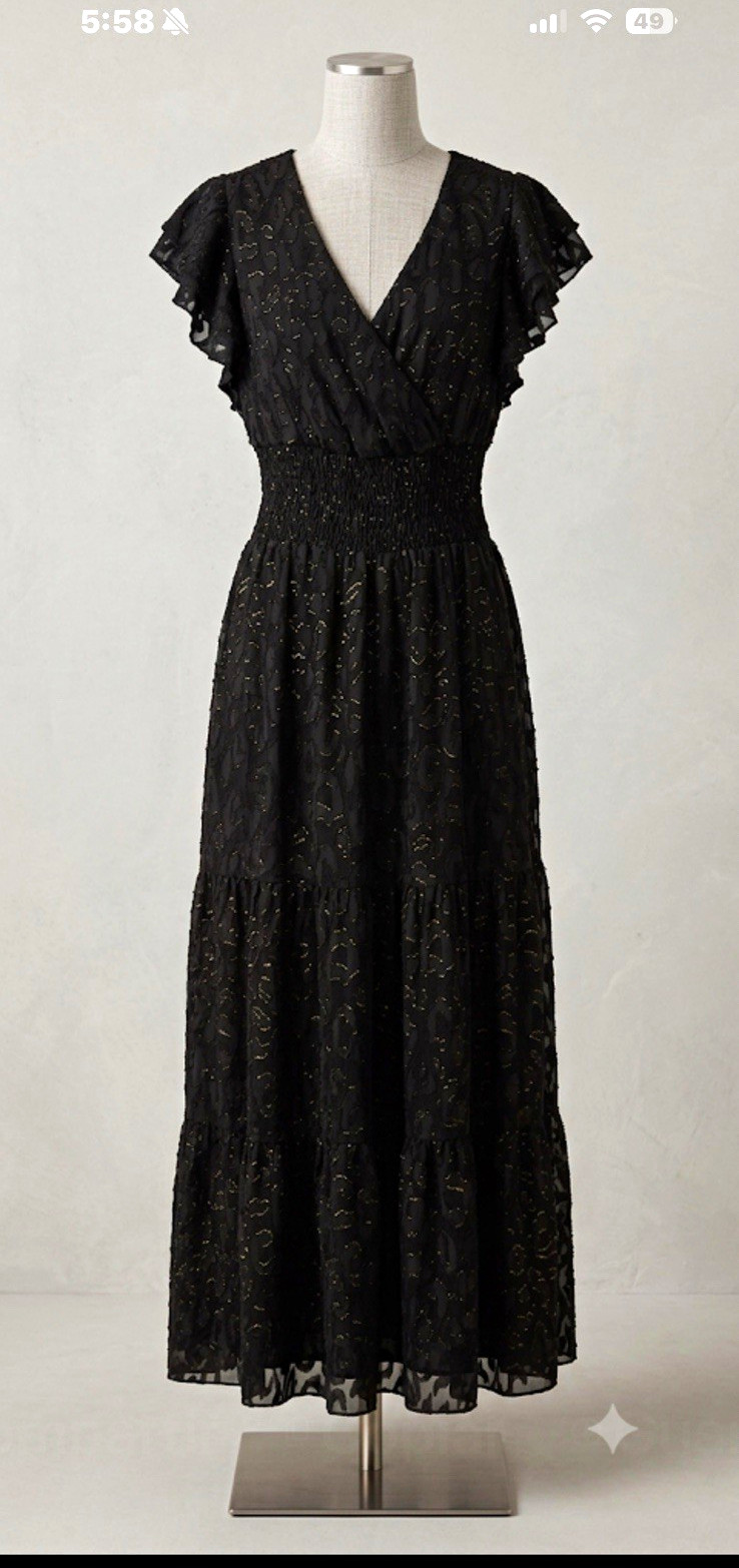 Alexa B Black Gold Glitter Smocked V-Neck Flutter Sleeve Midi Dress Sz 10