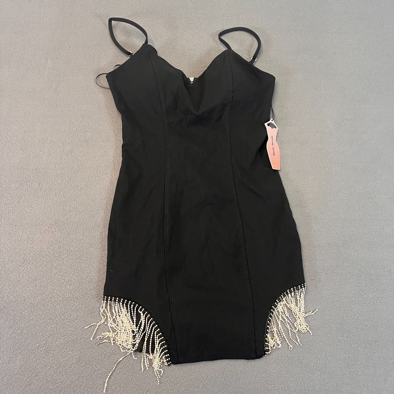 Haute Monde Mini Party Dress Black Cocktail Size Med Bodycon Rhinestone Fringe