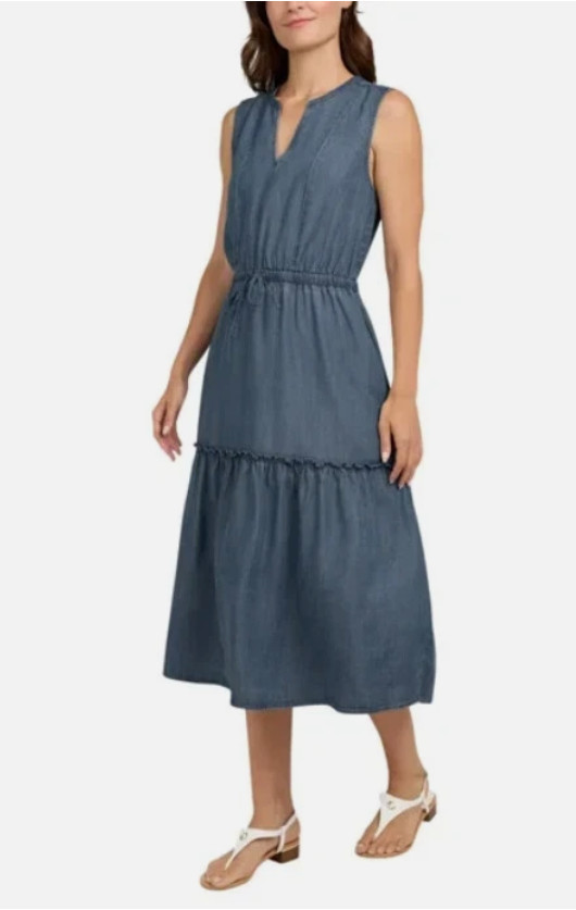 Lands’ End Women’s Lyocell Tiered Midi Dress, Blue, Size M NEW WITH IMPERFECTION