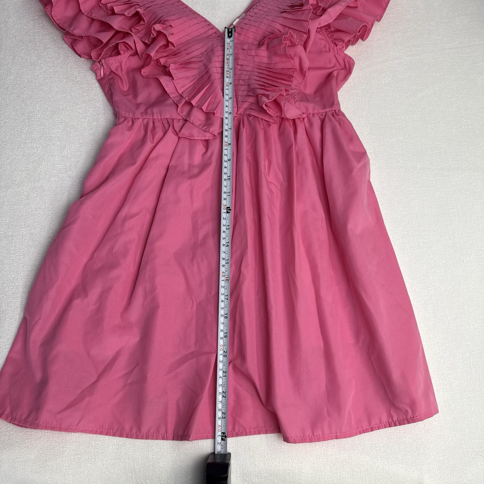 Pink Ruffle Flutter Pleated VNeck Mini Lined Dress Sleeveless Cotton Medium