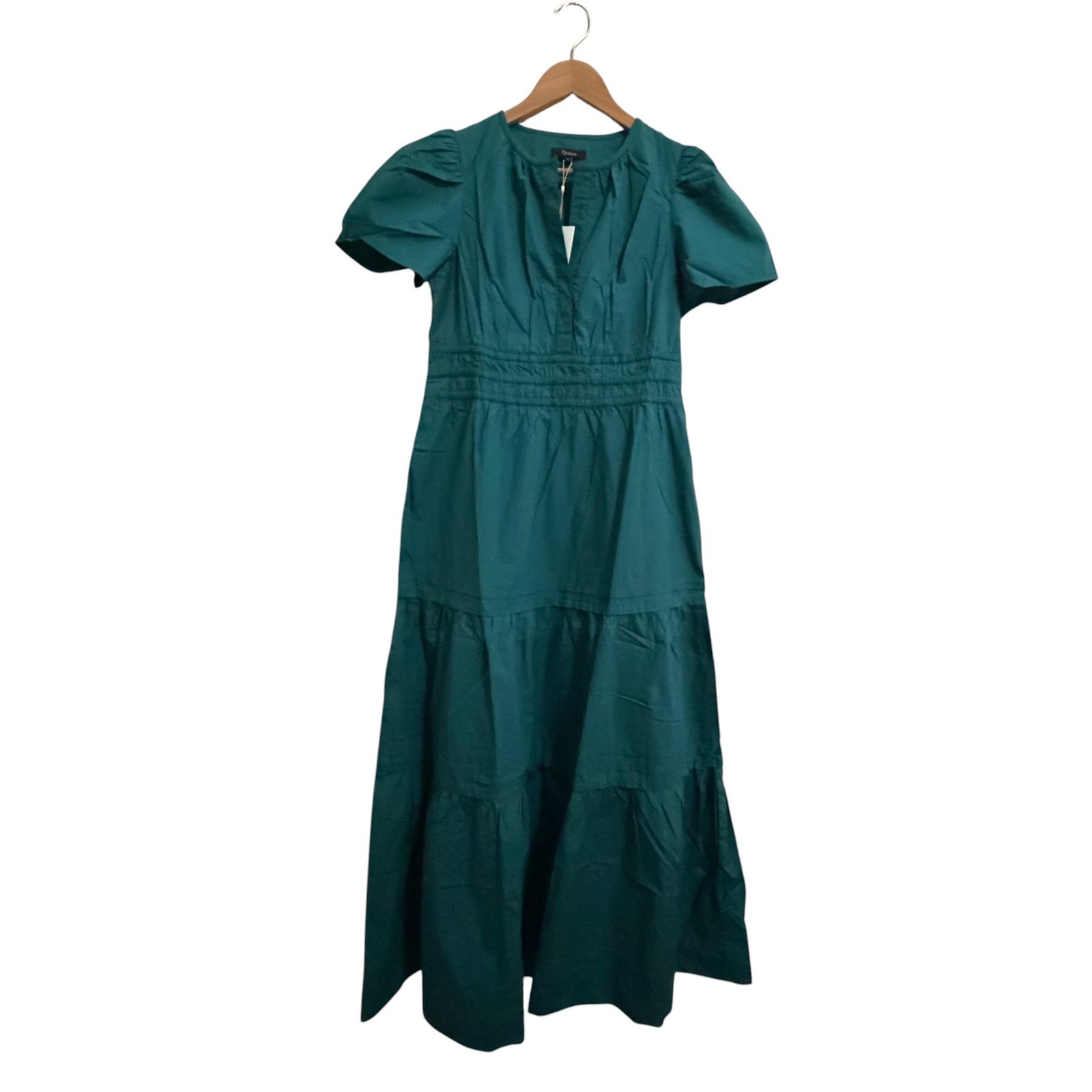 Quince Organic Cotton Poplin Smocked Maxi Dress Green Puff Sleeve Tiered Small