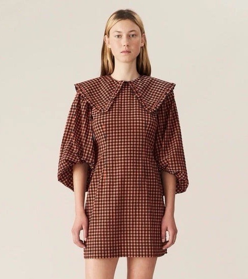 GANNI Seersucker Check Mini Dress Red Black Gingham EU 38 NWT Puff Sleeve, SALE