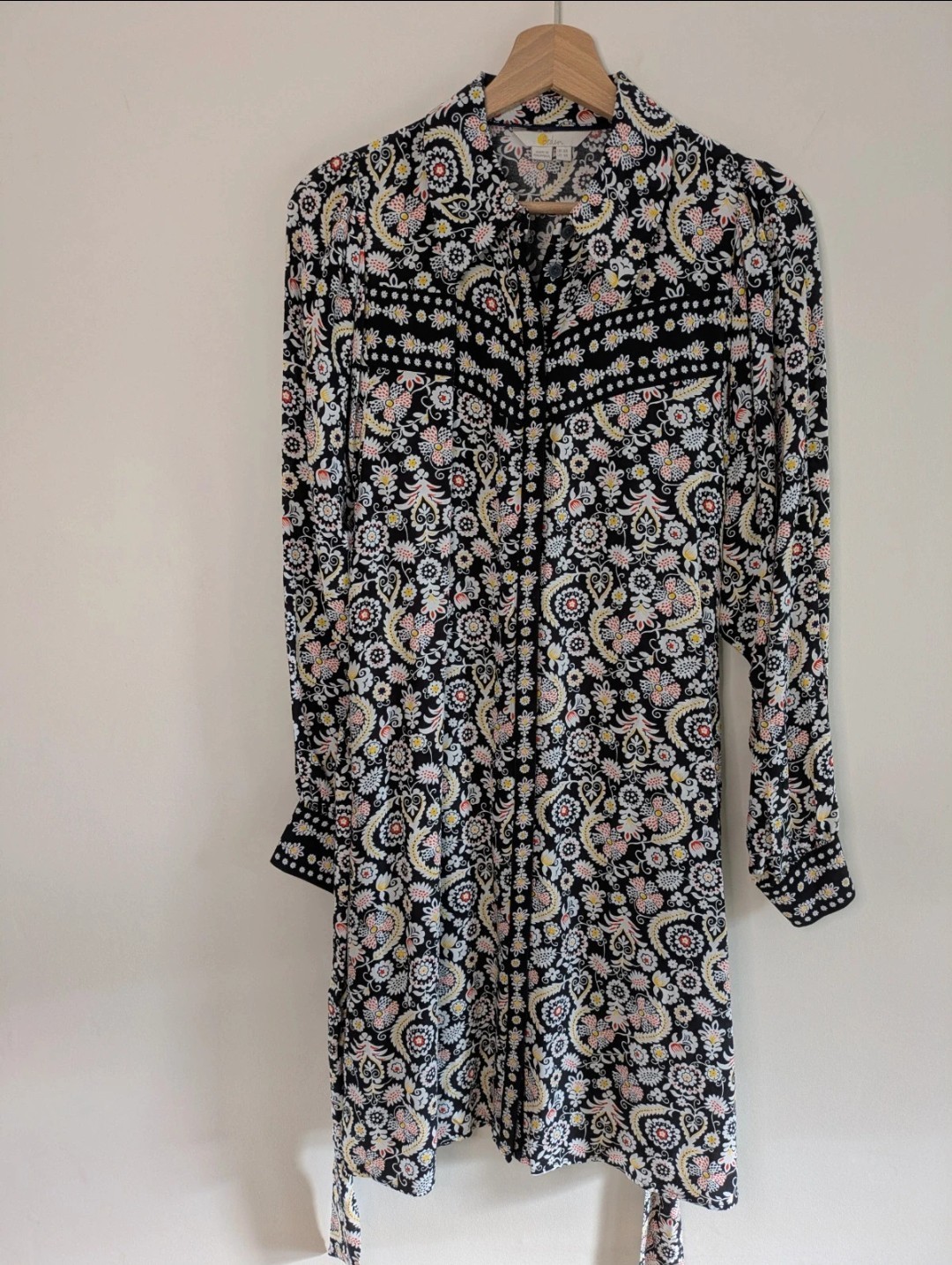 Boden UK 8 Paisley Coloured Mini Shirt Dress Floral Tie Waist Long Sleeve Black