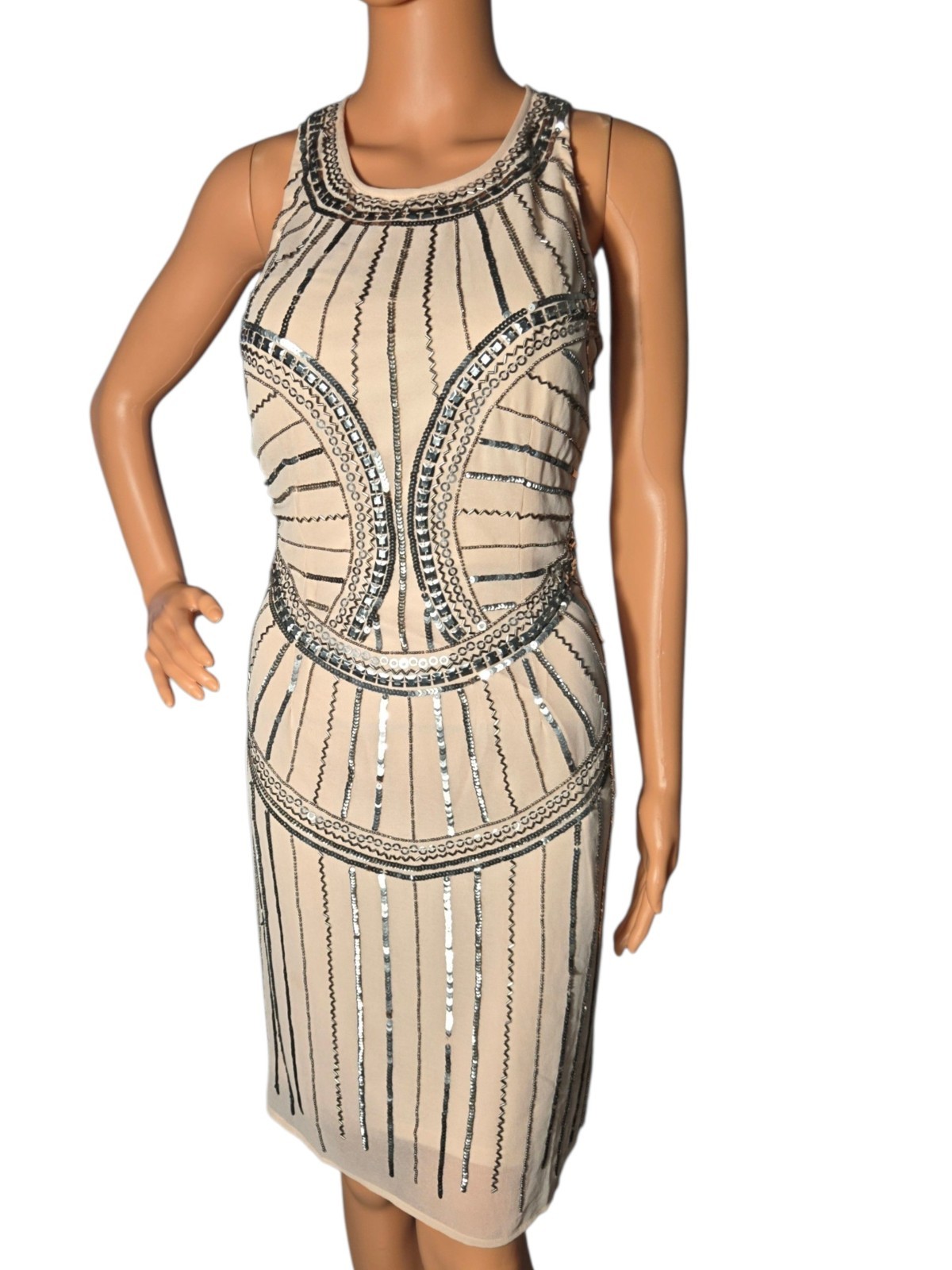 VENUS 6 Beige Beaded Sequin Round Neck Sleeveless Cutout Knee Bodycon Dress