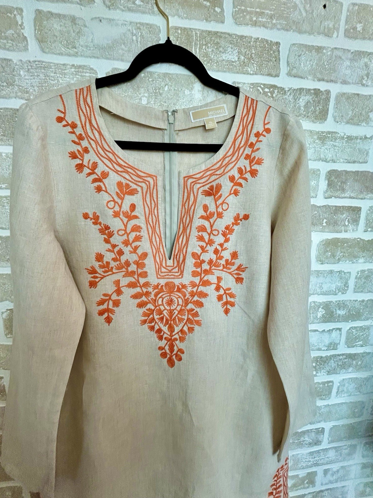 Michael Michael Kors Beige Orange Floral Embroidered Zip Short Dress XL
