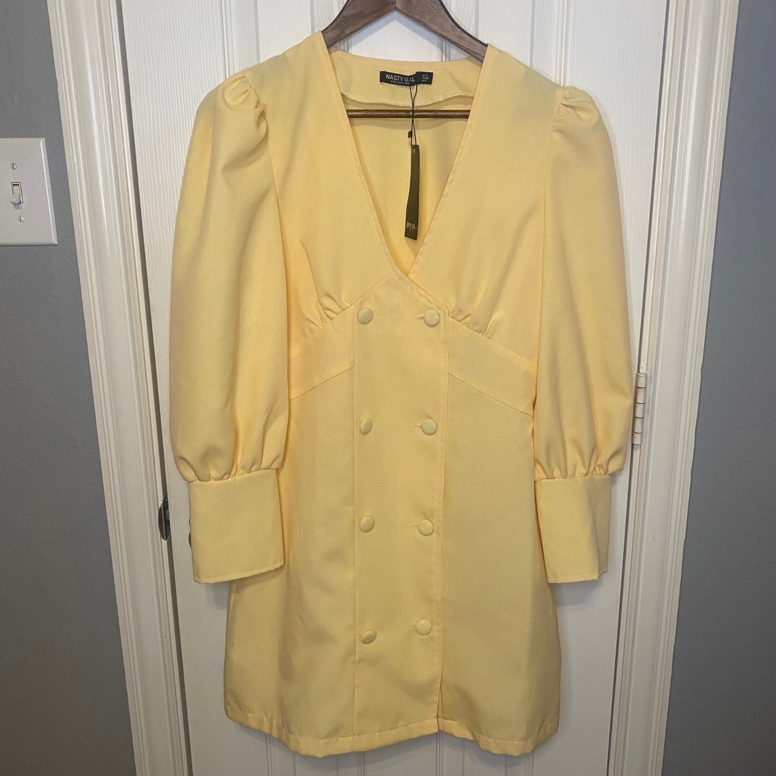 Nasty Gal Collection Dress Puff Sleeve US 4 NEW Lemon Pastel Cotton Blazer