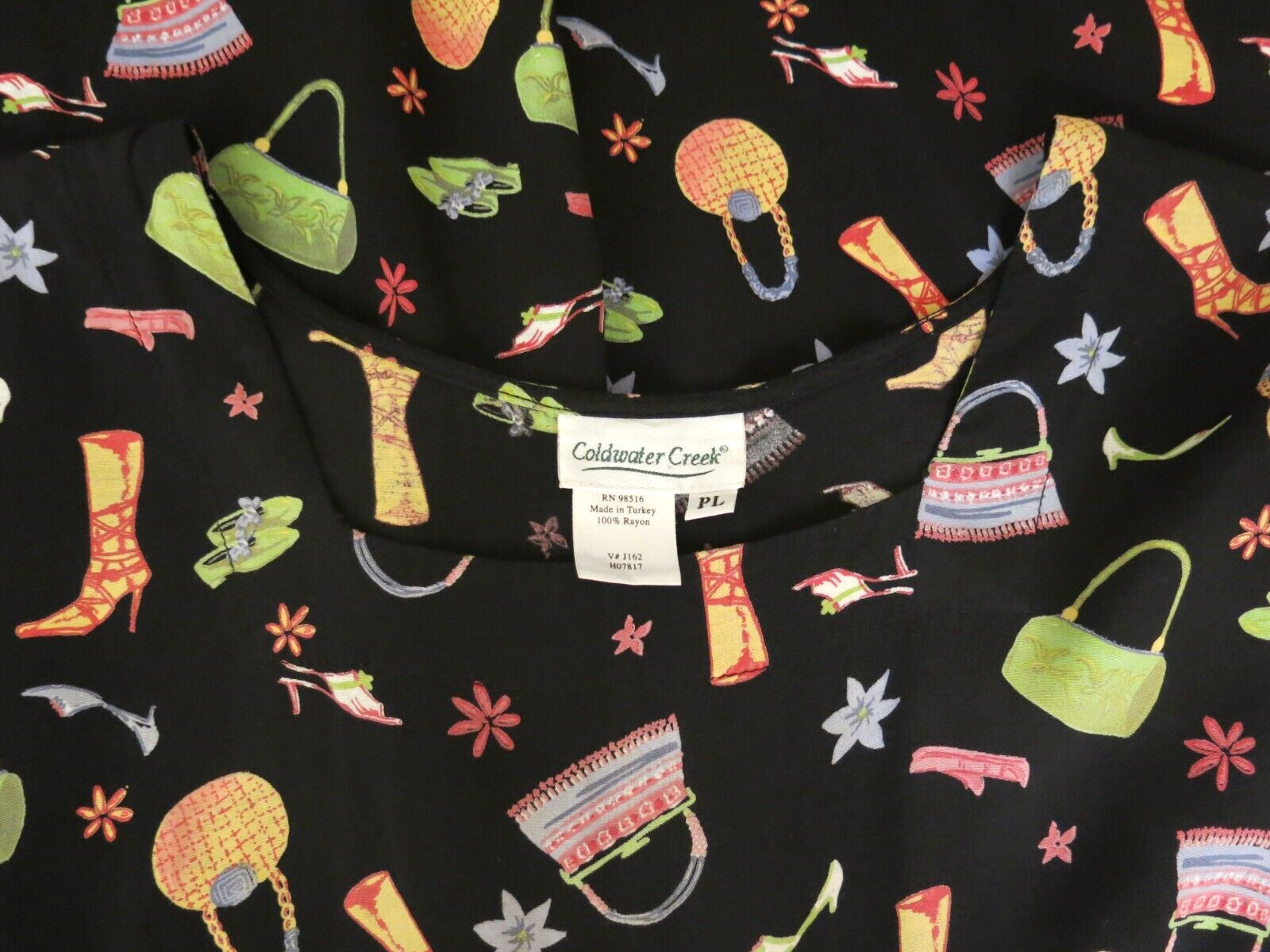 Vintage Coldwater Creek Rayon Black Shoe Purse Floral Print Jumper Dress Size PL