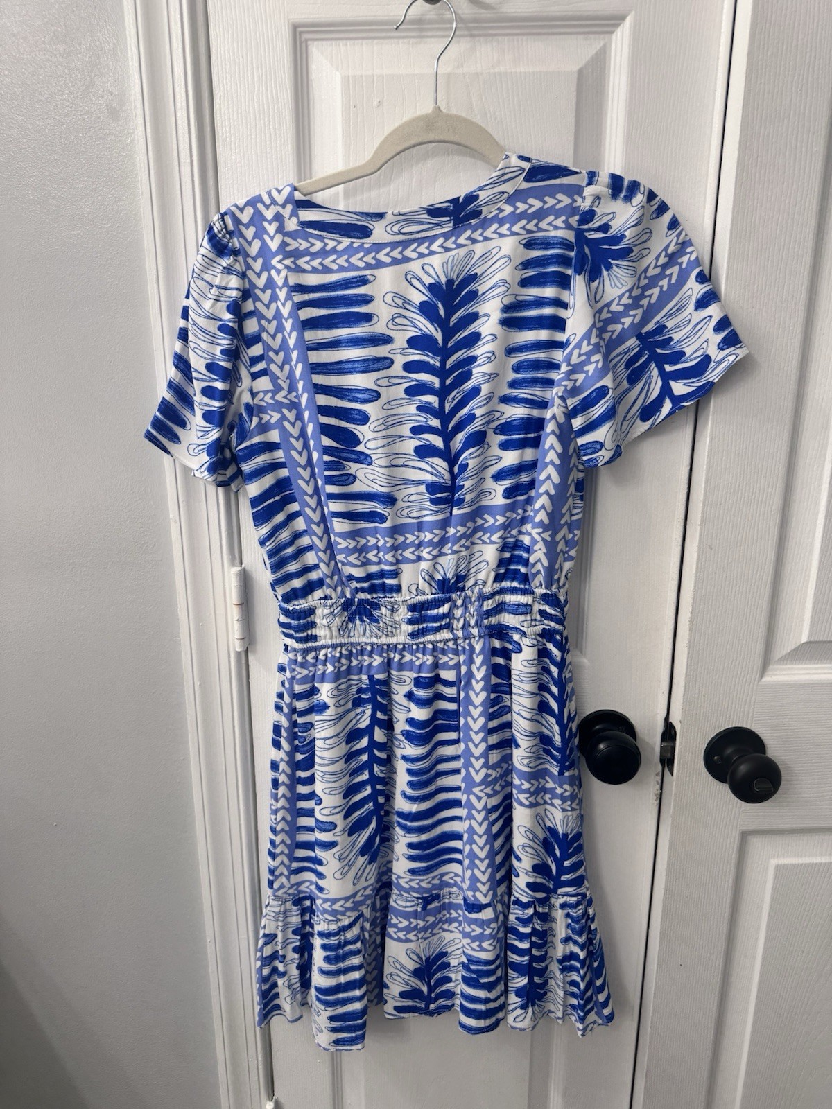 Loft Flutter Sleeves Elastic Waist Ruffle Tie Split Neck Button Blue Design XS