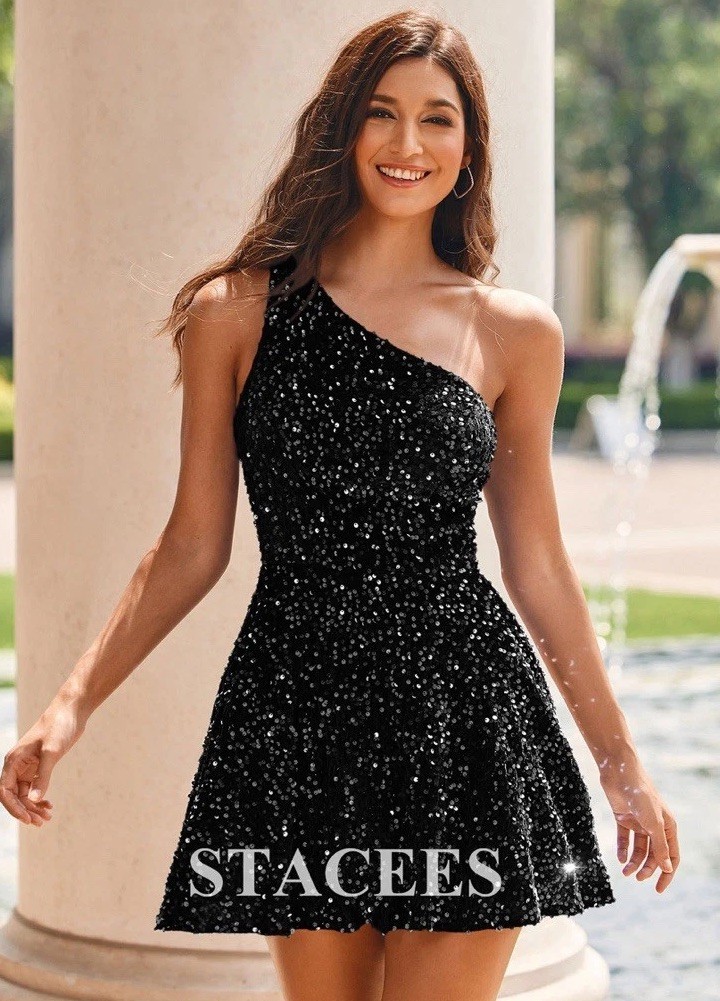 Stacees Women’s A-line One-Shoulder Velvet Sequins Short Dress Black Sz:26 NWT