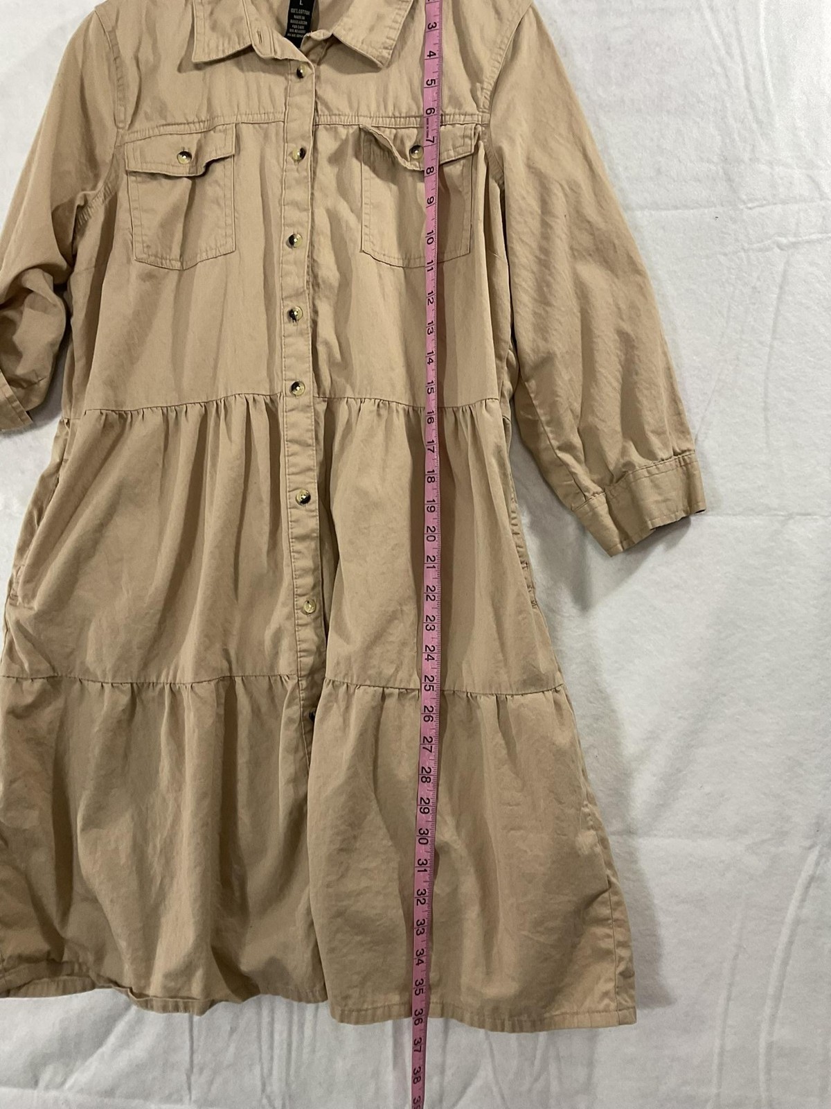 Millennium Dress Womens Large Beige Shirt Dress Button Front Pockets 3/4 Sleeve